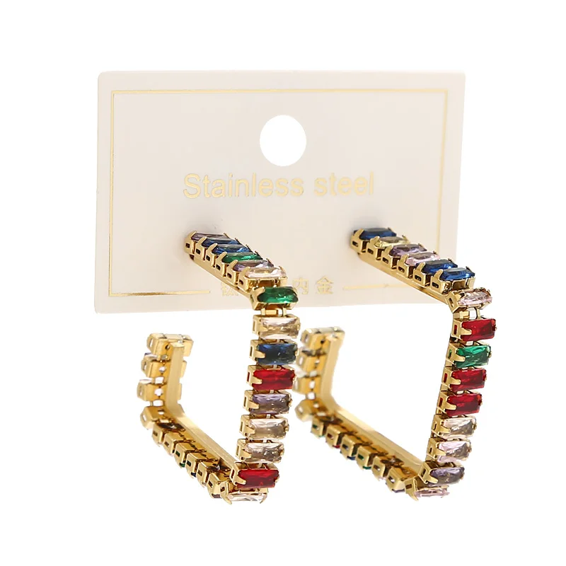 

SZN 316L Stainless Steel 30mm Square Colorful Zircon Pendant Charms Ear Clip Earrings For Women New Fashion Jewelry Party Gifts