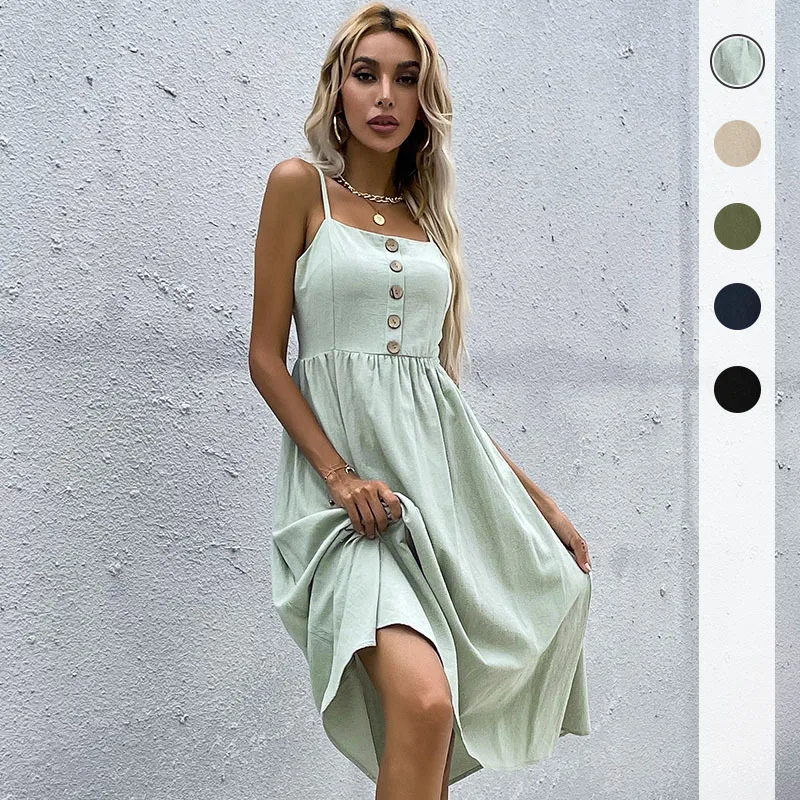 

2023 Summer Retro Women Dress Slim Fit Solid Cotton Hemp Fashion Slip Dresses Female Casual Beach Dress Strapless Sleeveless