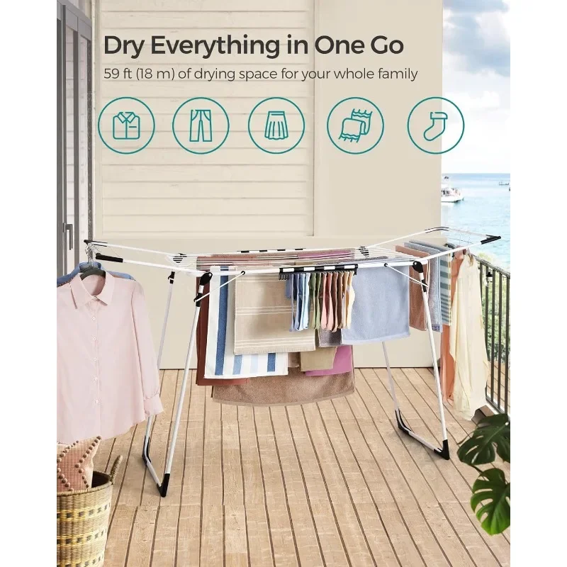 Clothes Drying Rack Foldable, Gullwing Laundry Drying Rack, Space-Saving, 22.2 x 68.1 x 38 Inches, Sock Clips, Metal Structure 3