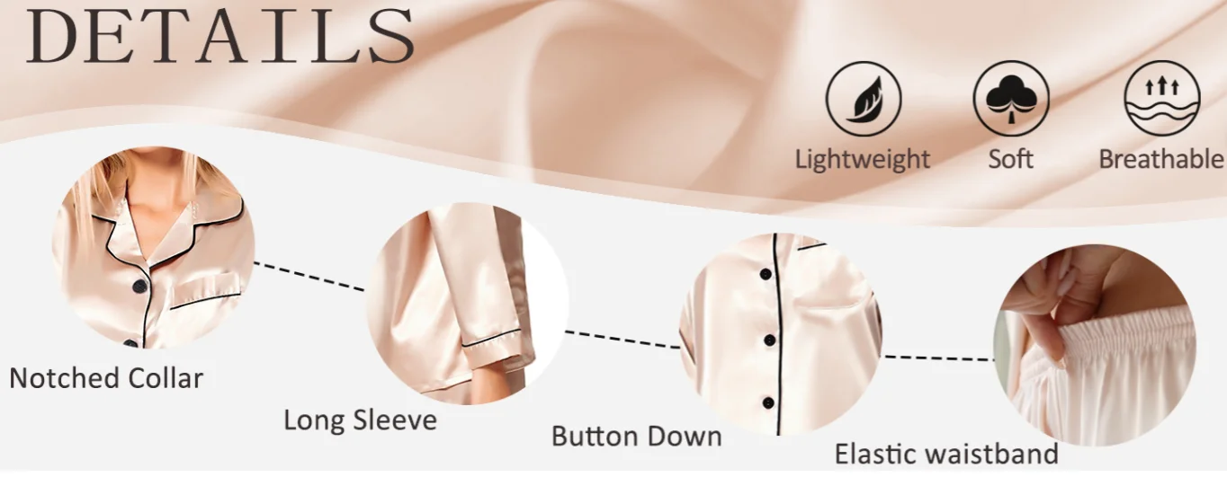 Damen-Pyjama-Set aus Seidensatin, langärmelig, Button-Down-Nachtwäsche, 2-teiliges Lounge-Set, Pj-Set, S-2XL, Loungewear – Detail 3