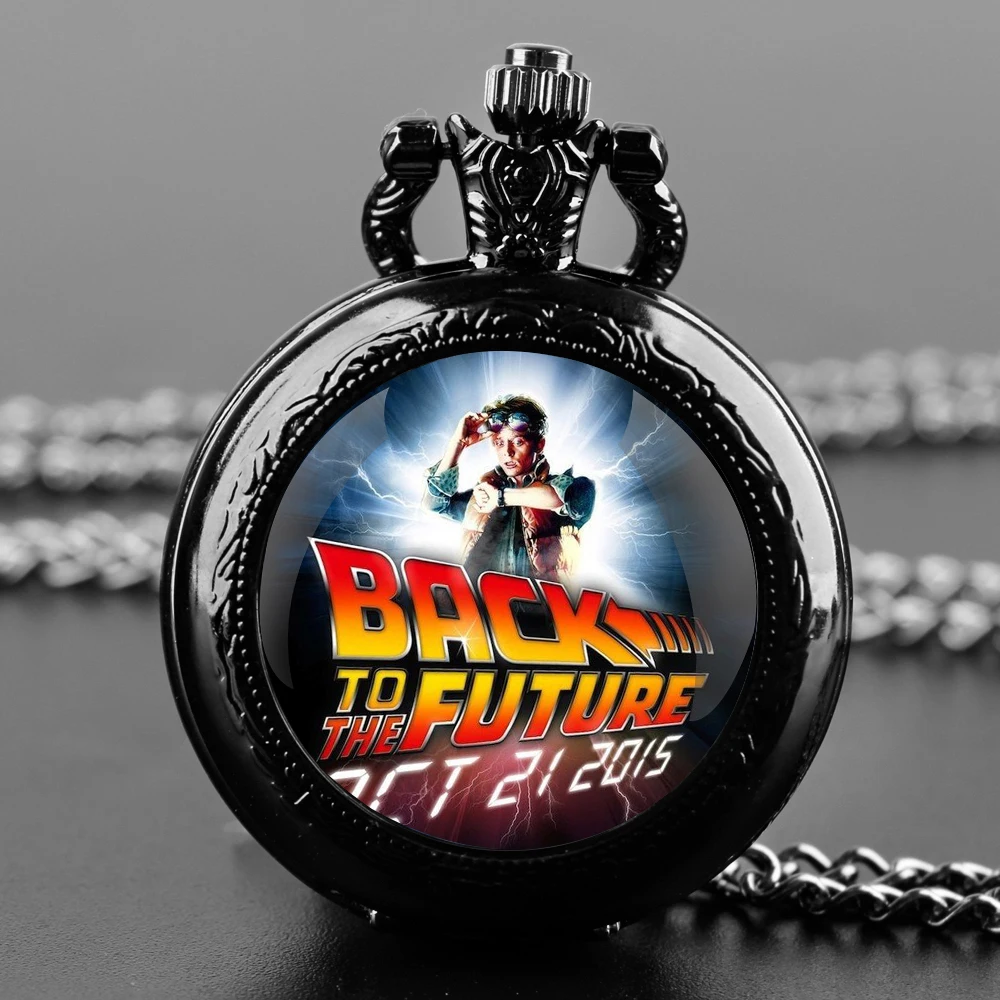 Back to The Future Vintage Glass Dome Pocket Watch with Chain Necklace Vintage Quartz Pendant Watches Clock Chain Mens Women Quartz Watch Pocket Watch
