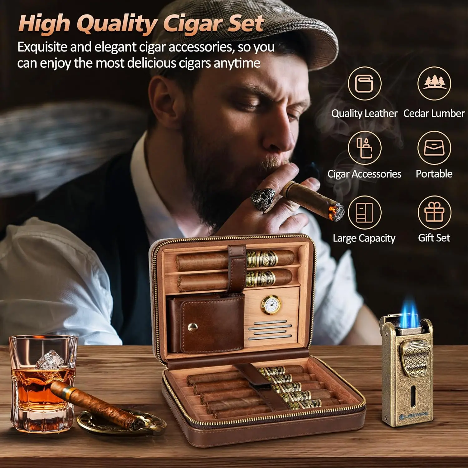 Leather Cigar Humidor with Cigar Lighter,Built-in Straight Cigar Cutter and Cigar Punch,Humidifier and Cedar Tray 3