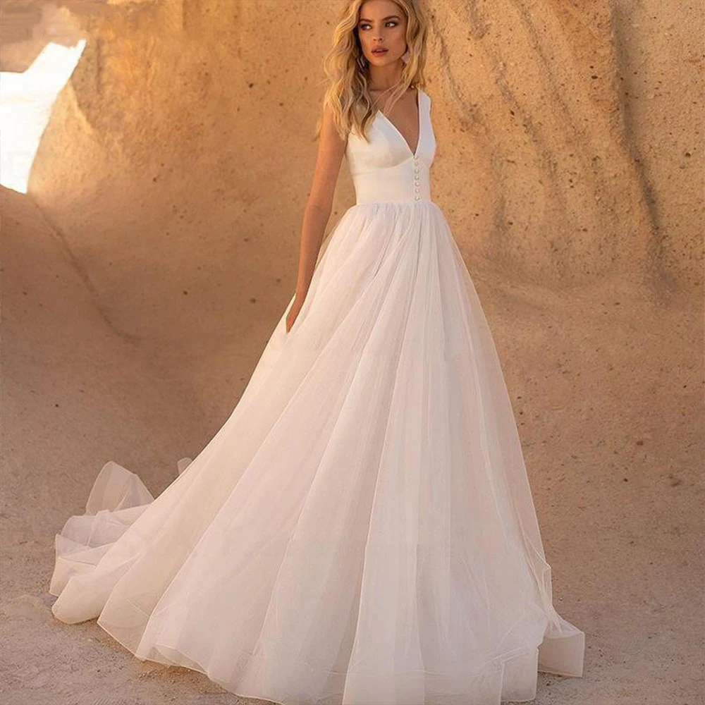 Aviana Simple V-Neck A-Line Tulle Wedding Dress 2022 Sleeveless Open Back Sweep Train Bridal Gown For Women Vestido De Novia red wedding dresses