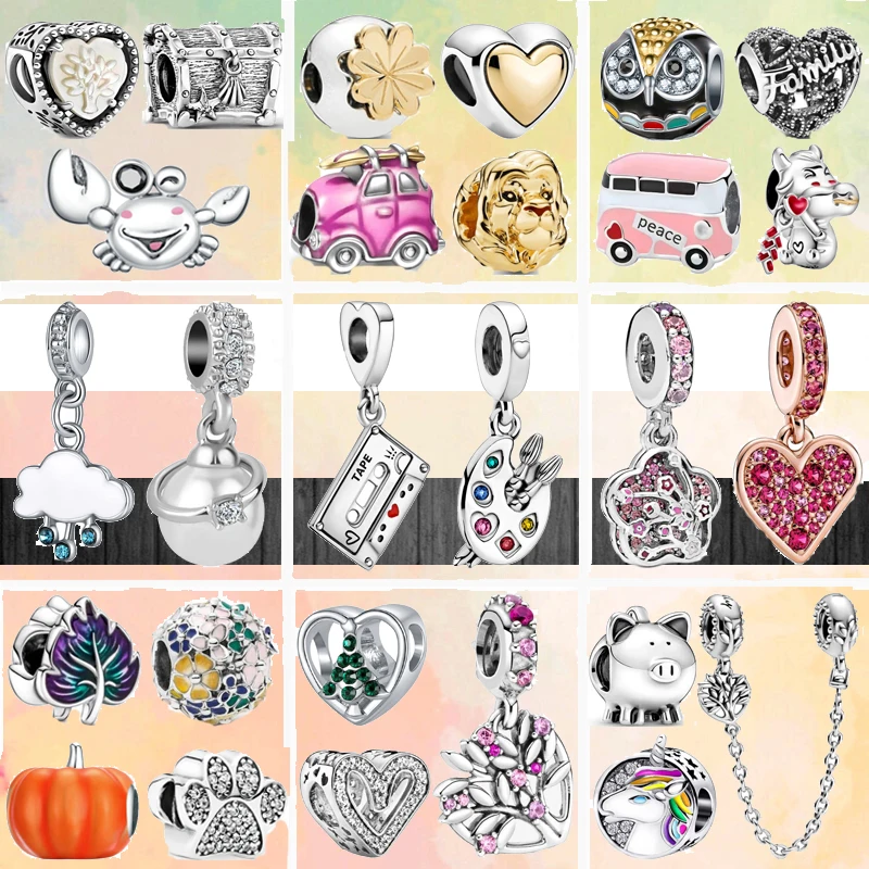 

New Flower Butterfly Rainbow Crab Charms Family Tree Safety Chain Beads Fit Original Pandora Silver Color Bracelet Women Jewelry