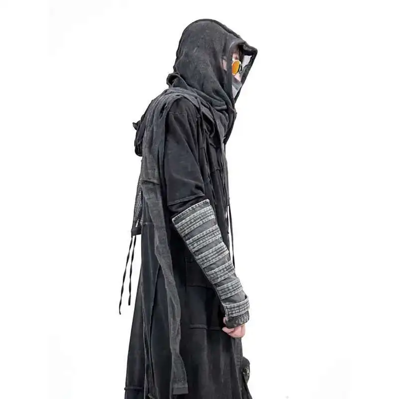 HKSH Men Waste Land Sand Vintage Washed Long Hooded Cape Hanging Vertical Cut Windbreaker Bottom T-shirt Long Sleeve Tees HK4376