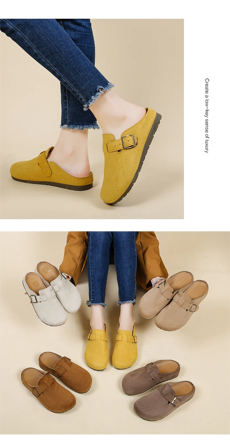 Women's Retro Suede Clogs With Buckle Slip-on Mules Flat Sandals_voghion.com