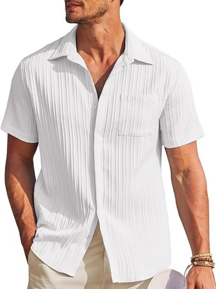 Men's striped pocket jacquard lapel casual fashion comfortable loose short sleeve Hawaiian multicolor shirt