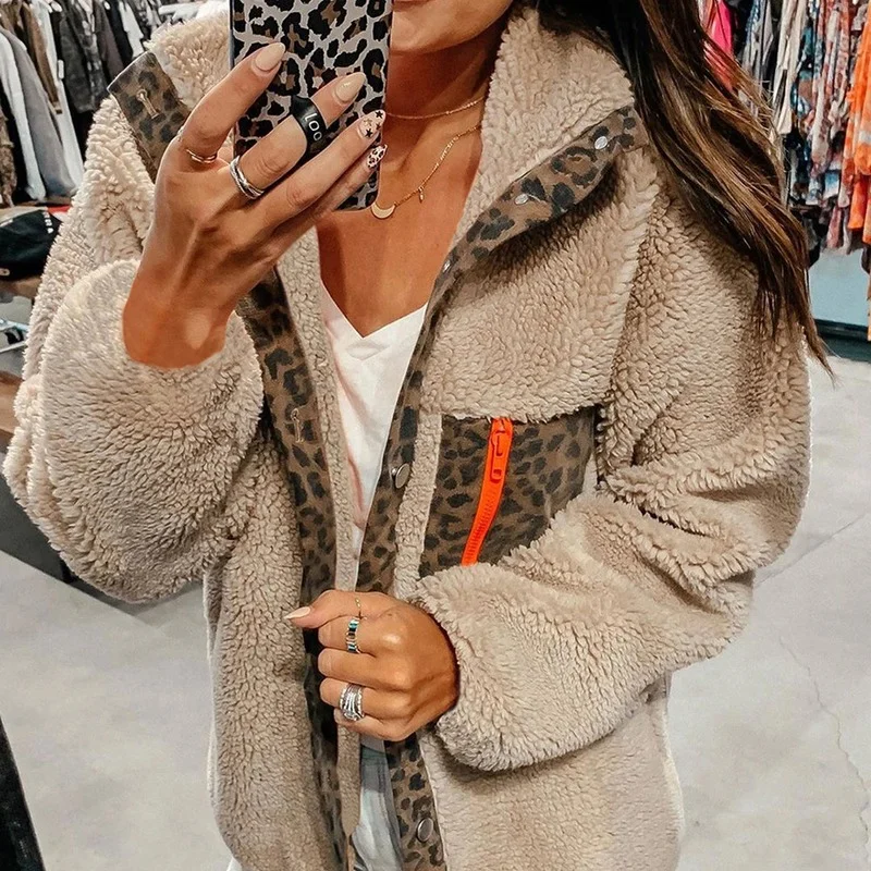 Warm Teddy Suede Sweatshirts Sexy Long Sleeve Tops Autumn Outwear Female Faux Fur Leopard Print Hooded Jacket Casual Winter Coat
