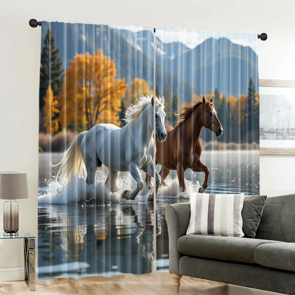 2pcs, spring summer Curtains Two Horses Semi-Sheer Curtains Versatile Polyester Fabric Decorations Perfect for Bedroom, Office, 6