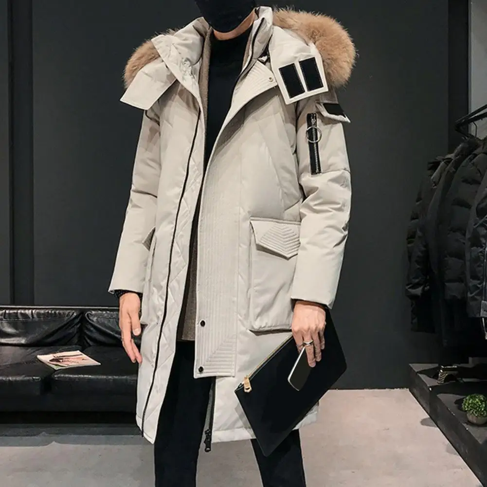 Cold Weather Outerwear Men's Fur Collar Hooded Down Jacket with Zipper Placket Pockets Long Sleeve Winter Coat for Cold Weather