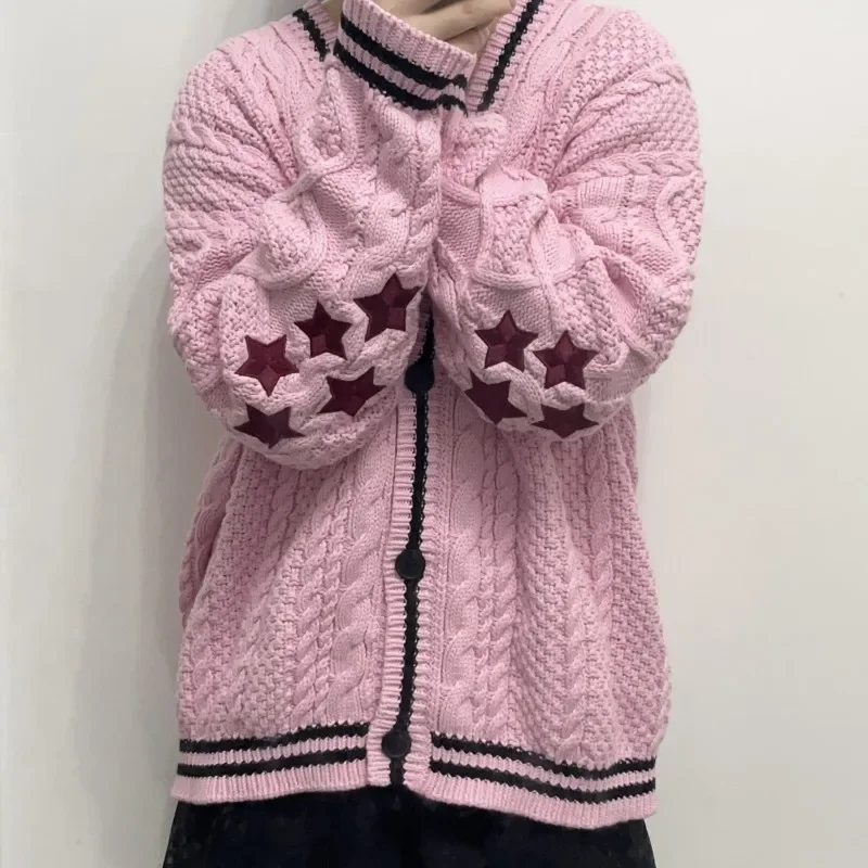 

Unisex Cardigan Pink Knitted Sweater Swif T Star Embroidered Cardigans Tay Lor V-Neck Sweaters Mujer