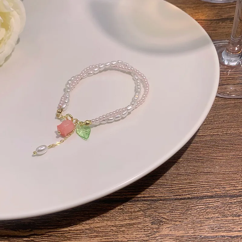 S915a5df5512f4ba3ac0ccb902a77b46dB New Design Sweet Vintage Pearl Lily Flower Bracelet for Women Korean Cute Tassel Pink Peach Pendant Bracelet Aesthetic Jewelry Mallzona