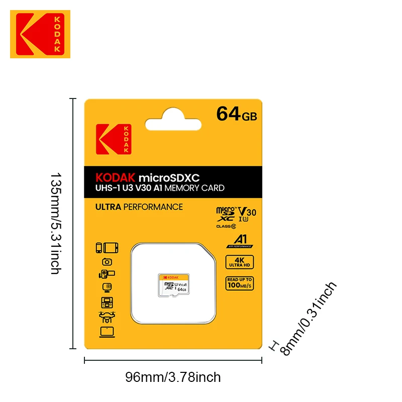 KODAK 마이크로SD 메모리 카드, 카드 리더 어댑터 포함, PC용 마이크로SD, 클래스 10 U3, 128GB, 256GB, 최대 100 MB/s, 32GB, 64GB, TF 카드, 4K HD