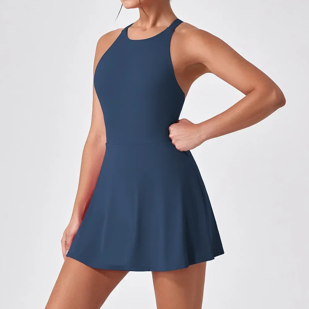 Tennis Dress One-Pieces Jumpsuits Slim Fit Sports Fitness Golf Badminton Skorts Back Cross Tracksuits with Chest Pads Yoga Suits