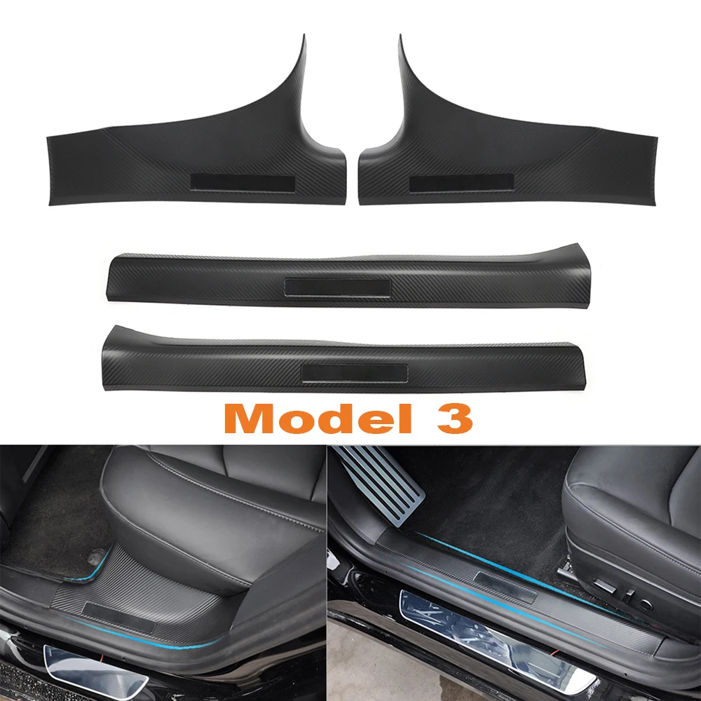 

For Tesla Model 3 Model Y 4Pcs Door Sill Protectors PU Coated Carbon Fiber Front Rear Door Pedal Cover Car Interior Anti-dirty