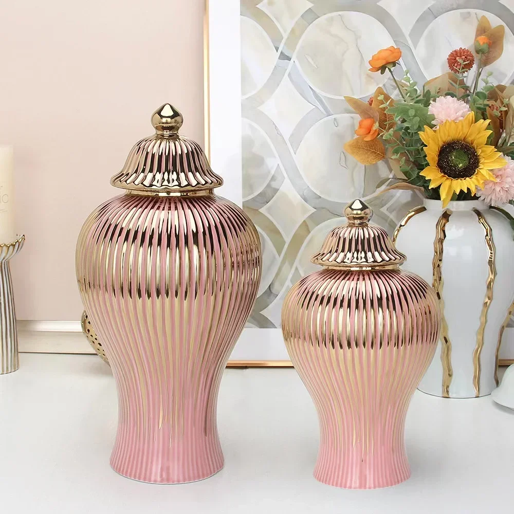 Ceramic Gold-plated Striped Storage Jar with Lid Golden Universal Jar Ceramic Vase Tabletop Decoration Container Storage ceramic storage jar