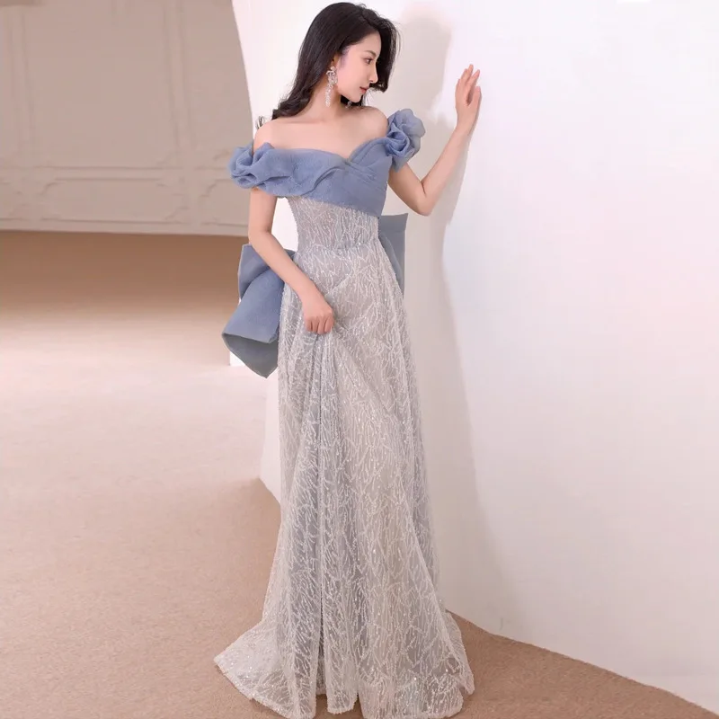 

2023 New Sexy Boat Neck Tulle Evening Dress Off The Shoulder With Bow Elegant Robe De Soiree A-line Sleeveless Lace Party Dress