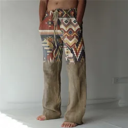 Summer Beach Pants Drawstring Elastic Waist 3D Printed Hawaiian Pattern Printed Men's Outdoor Casual Pants
