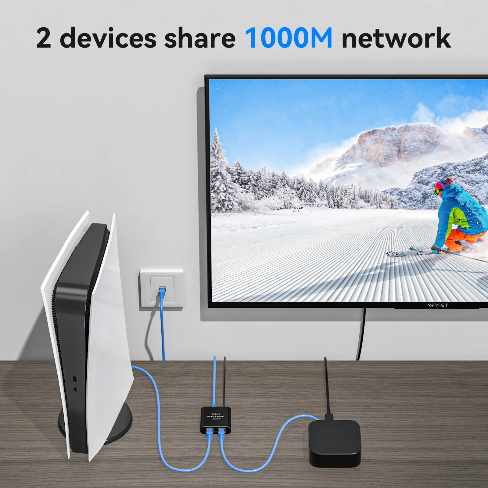 RJ45 Splitter 1 to 2 1000 Mbps Ethernet Splitter with Type-C Power Cable 1 in 2 Out Gigabit Switch Wireless Cable Switcher VPFET - Imagen 4