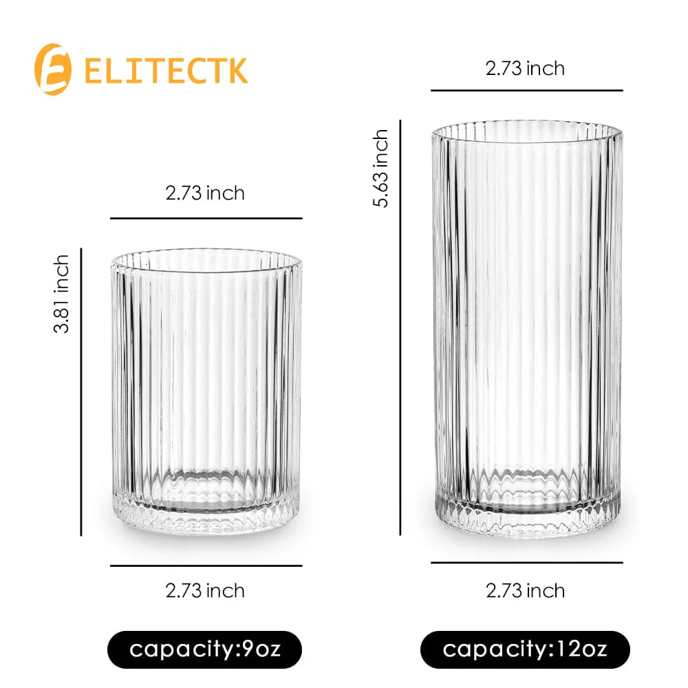 Combler Ribbed Glasses Drinking Set of 4, 14 oz Ribbed Drinking Glasses, Ribbed Glass Cups, Fluted Glassware Sets, Short Cocktail Glasses, Glassware