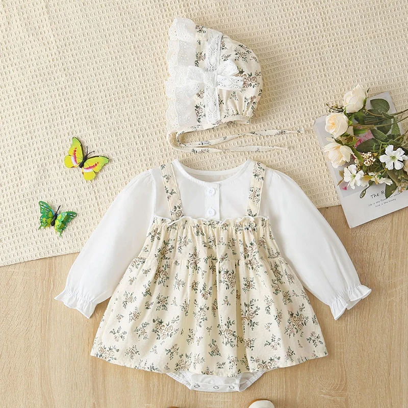 

2024 New Spring Infant Baby Girl Bodysuits+Hat Long Sleeved Cotton Print Splicing Newborn Baby Girl Jumpsuit Children Clothes