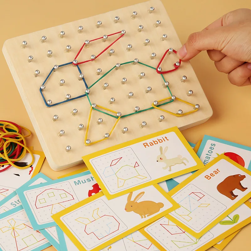 Wooden Puzzle Toys Geometric Shape Rubber Band Nailboard Game Kids Montessori Educational Creative Toy Fine Motor Training 4
