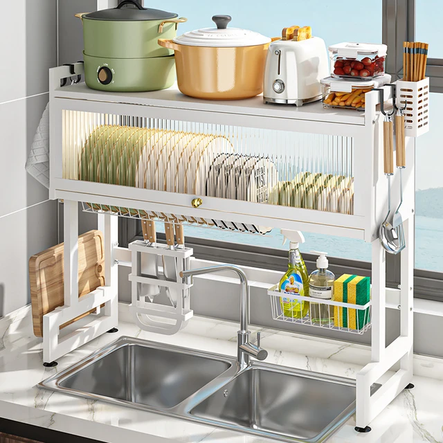 Sink Storage Shelf Kitchen Dish Draining Rack with Cabinet Door Storage Dish  Rack Adjustable Dustproof Dish - AliExpress