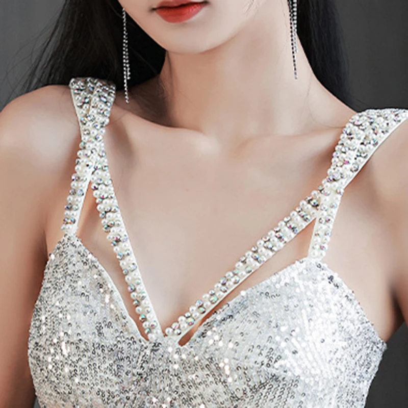 2024 New Birthday Ball Party Evening Dress Silver Strap Evening Dress Bridesmaid Dresses Toast Dresses V-Neck Slim Dress