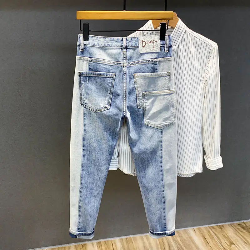 Autumn style high street color contrast patchwork ripped jeans men's trendy beggar slim fit small foot long pants Korean version