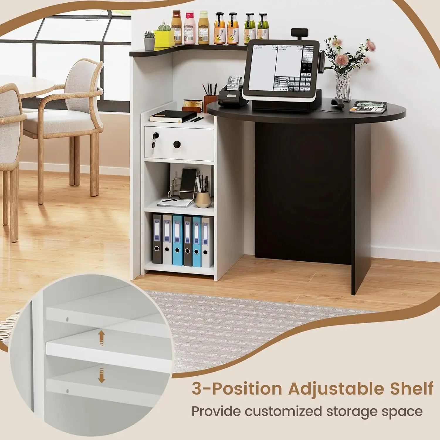 Reception Desk, Small Retail Checkout Counter with Lockable Drawer and Open Shelves, Wooden Computer Workstation