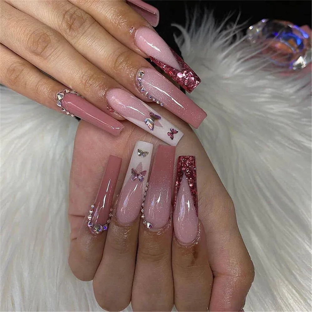 

Shiny Rhinestones Long Ballerina False Nails Set Press On Nails French Coffin Fake Nail Tips With Designs Butterfly Manicure