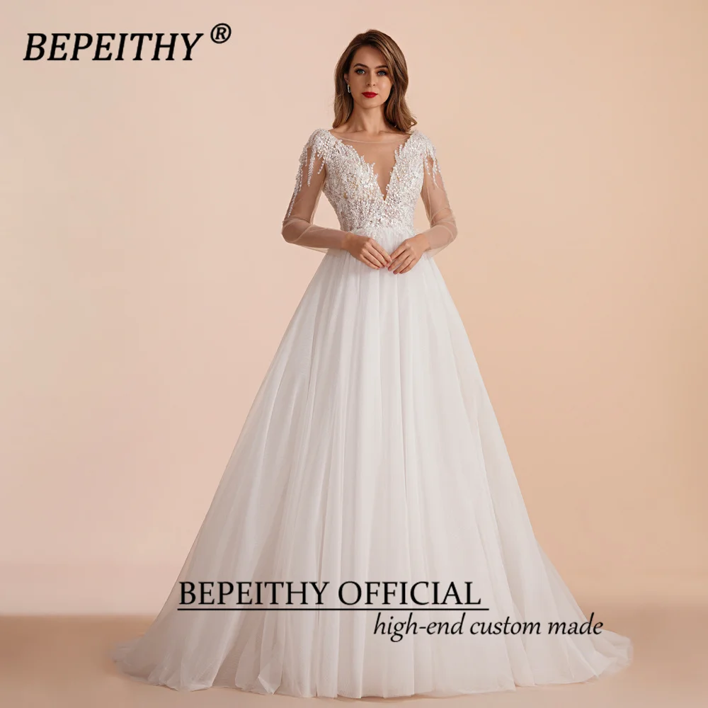 BEPEITHY Customized Scoop Long Sleeves Beading Bodice Wedding Dresses 2023 For Women Bride A Line Floor Length Bridal Party Gown 6