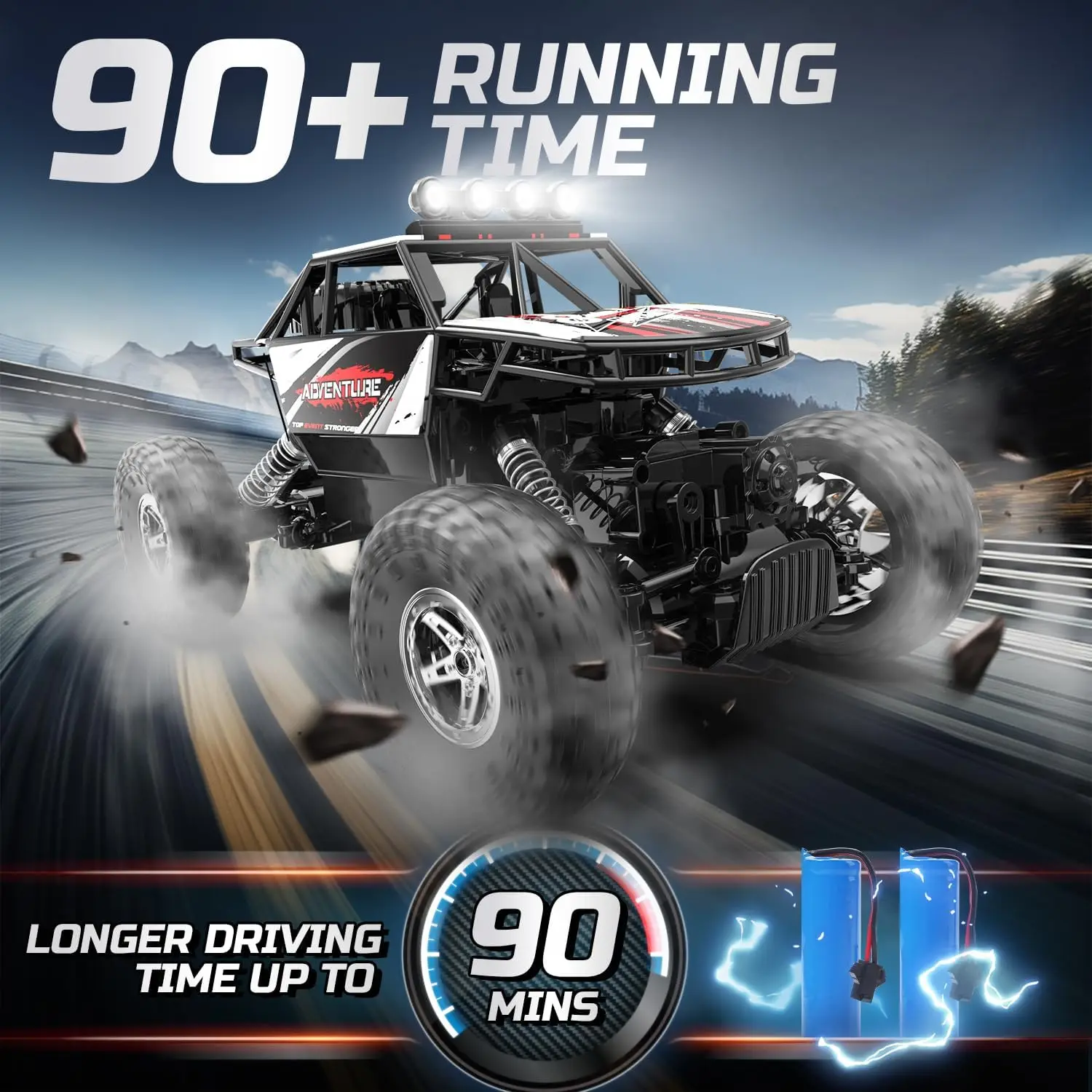 DEERC DE45 RC Car: 1:14 4WD Monster Truck, Metal Shell, 2 Batteries, 90 Min Play, 2.4GHz, LED, Rock Crawler 4