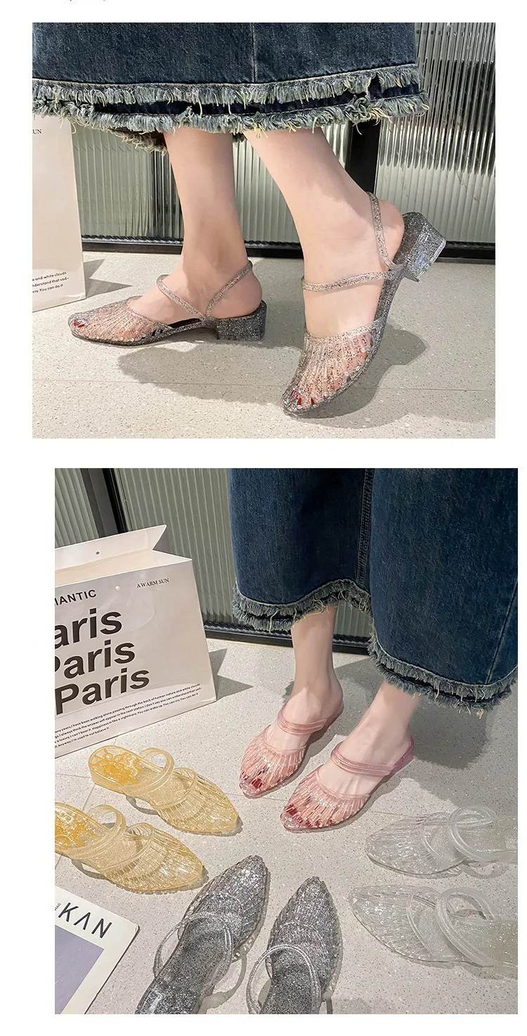 Women'S 2 In 1 Transparent Crystal Plastic Jelly Sandals Non Slip Glitter Pointed Toe Summer Casual Outdoor Beach Flat Slippers