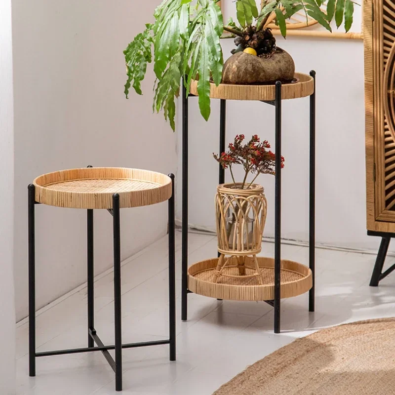 Simple Metal Plant Holder 2-Layer Rattan Woven Design Decorative Green Flower Stand Stylish Indoor Gardening Display