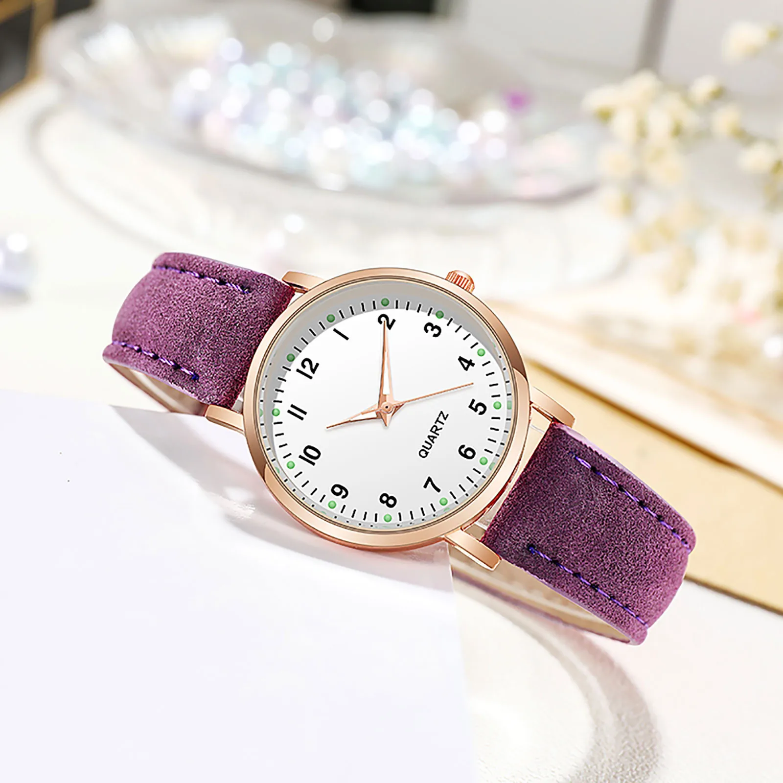 Elegant Women's Frosted Round Quartz Watch with Leather Strap