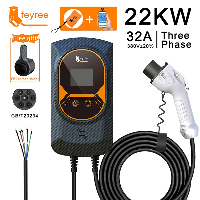 Fey123-Chargeur EV pour Véhicule Électrique, Prise GB/T, EVSE, Wallbox, 32A, 22KW, 3 Phases, 16A, 11KW, Télécommande, Station de Recharge, 7,6 KW, Câble de 5m