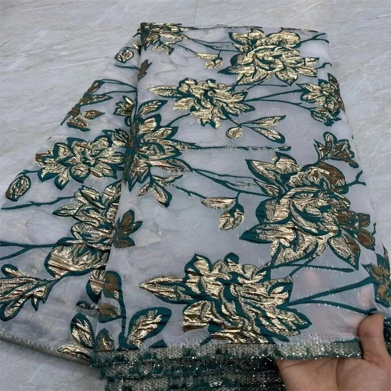 2024 New African Jacquard Brocade Fabric Damask Dress Material Nigerian Floral Gilding Lace Brocard Tissu 5Yard Africain Green