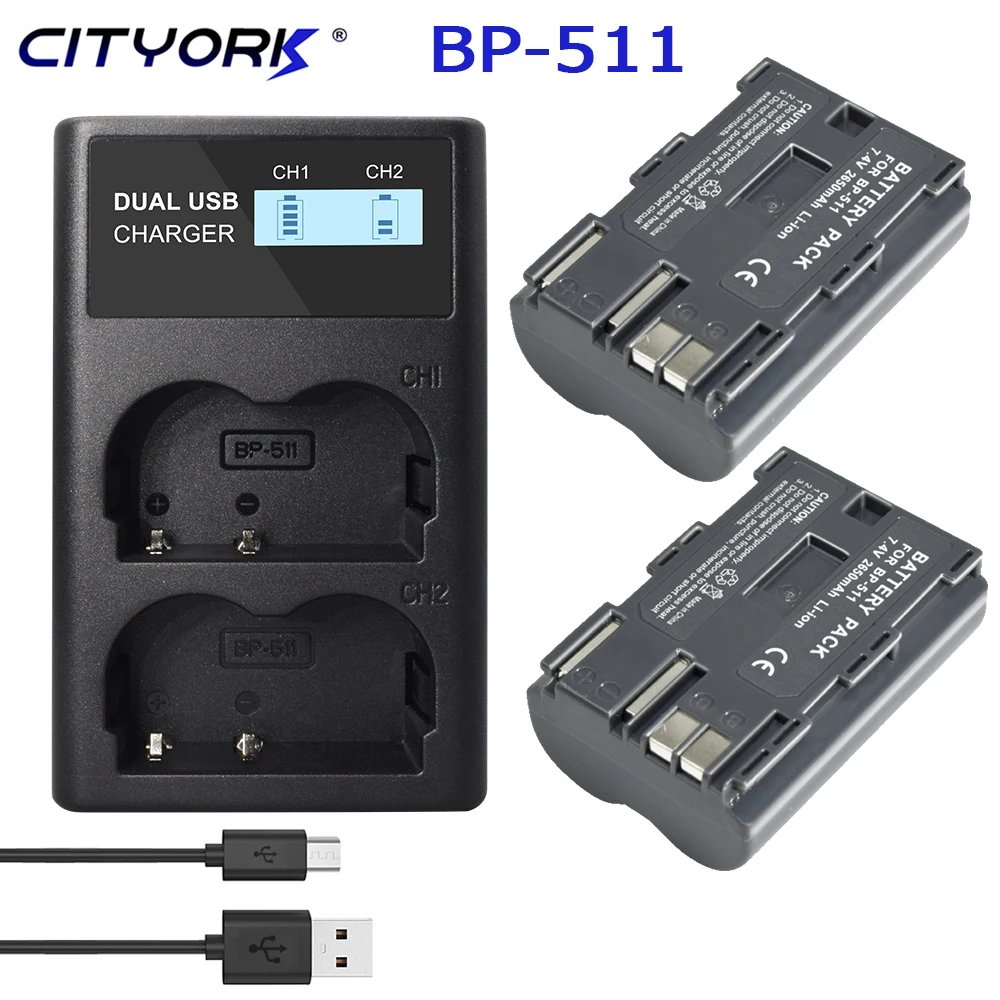 Caricabatterie Usb Lcd Cityork 2650Mah Bp-511 Bp 511 Bp511 Bp511A Per Canon Eos 40D 300D 5D 20D 30D 50D