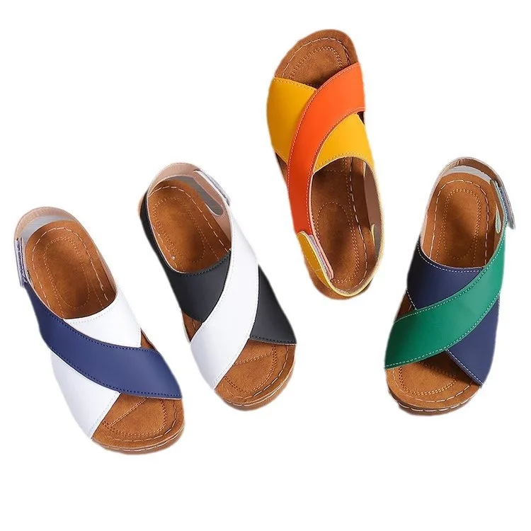 Women Wedge Sandals Contrast Color Peep Toe Slingback Soft Sole Comfy Outdoor Summer