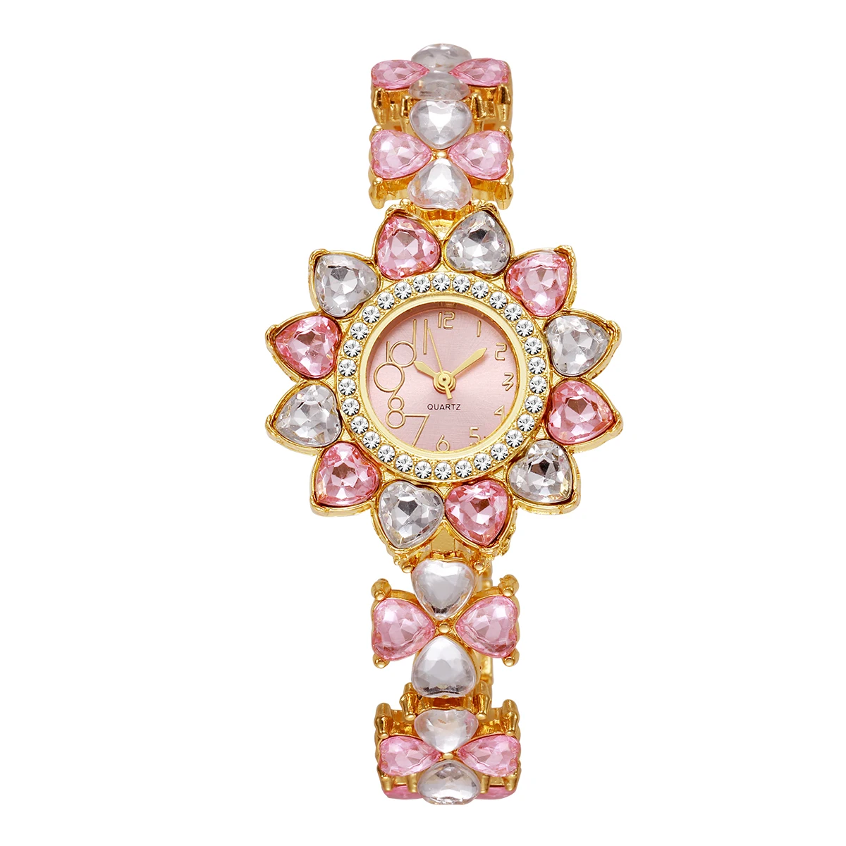 Montre à Quartz Pour Femme Avec Strass Et Fleurs, Couleur Rose Or - Style Luxe, Bracelet Acier, Neuve