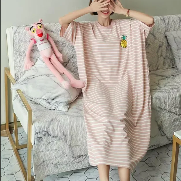 Summer Sleepwear Women's Midi Loose Short Sleeve Home Clothes Student Nightgown Cute Stripes Maternity Comfortable Nightdress - 3