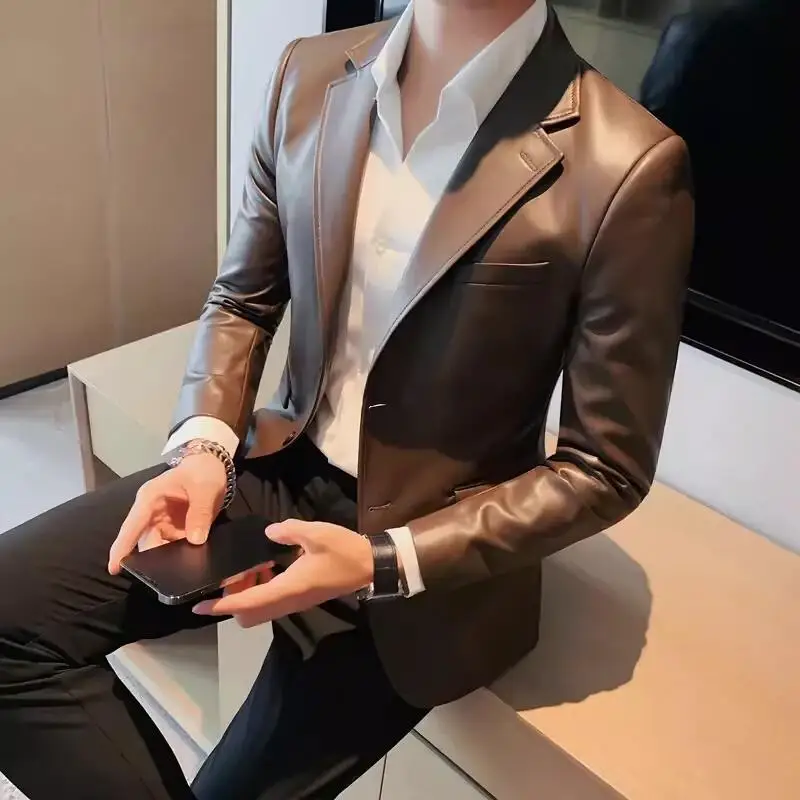 Men's Leather Jacket 2024 Autumn Highend Fashion Solid Slim Fit Business Blazers Coats Korean Casual PU Leather Suit Tuxedo 4
