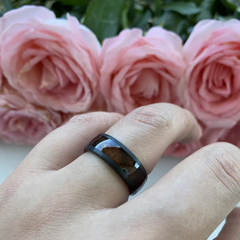 Black Tungsten Carbide Ring Men Women Band Domed Brushed Finish Black Ebony Wood Inlay Comfort Fit