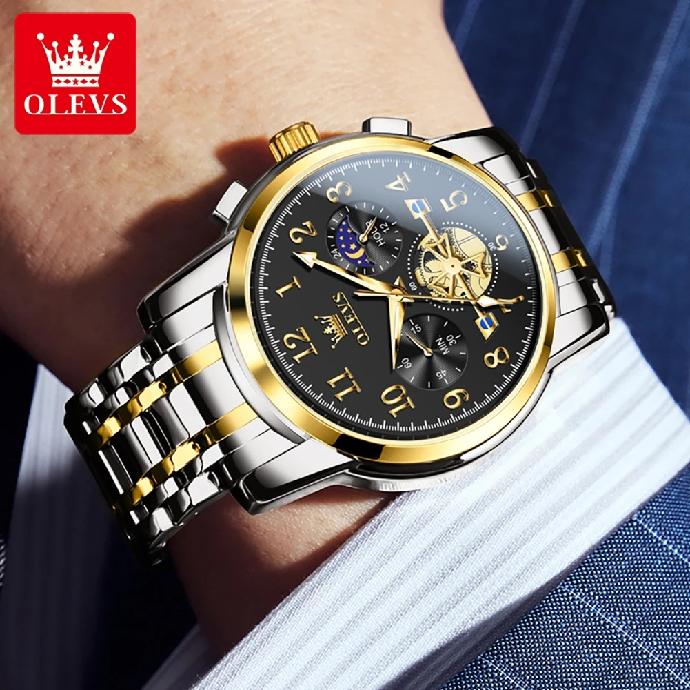 OLEVS Brand Fashion Moon Phase Quartz Watch Men Stainless Steel Waterproof Luminous Luxury Tourbillon Watches Relogio Masculino