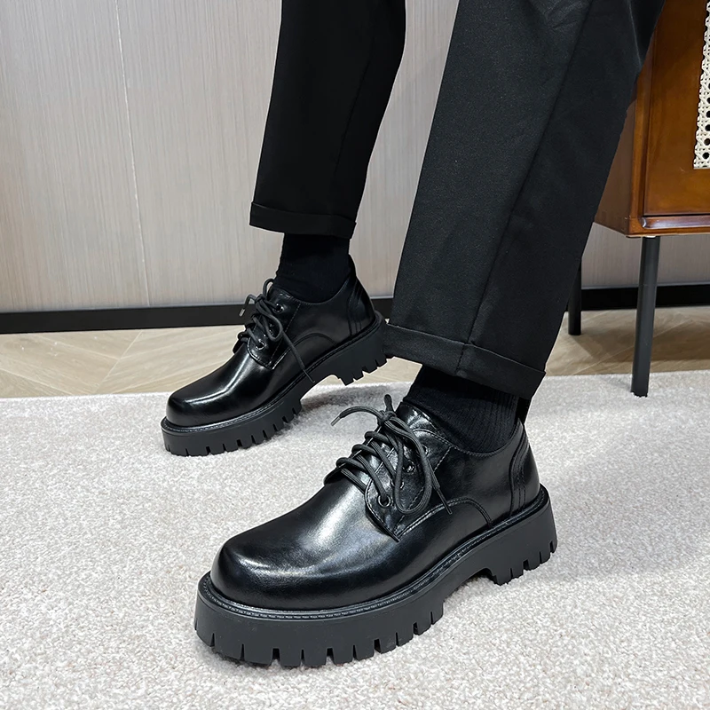STRONGSHEN Men's Low Top British Leather Shoes Big Head Warm Fur Thick Bottom Non Slip Work Shoes Elevator Casual Oxford mens shoes