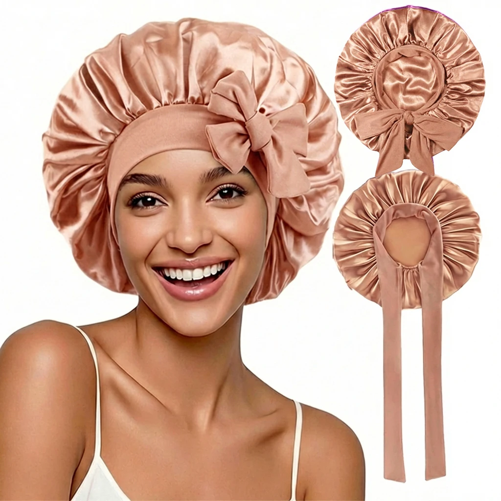  Satin Sleeping Silk Bonnet Adjustable Bonne Cap With Tie Band Bonnets Edge Wrap Nightcap Hair Care Shower Head Cover