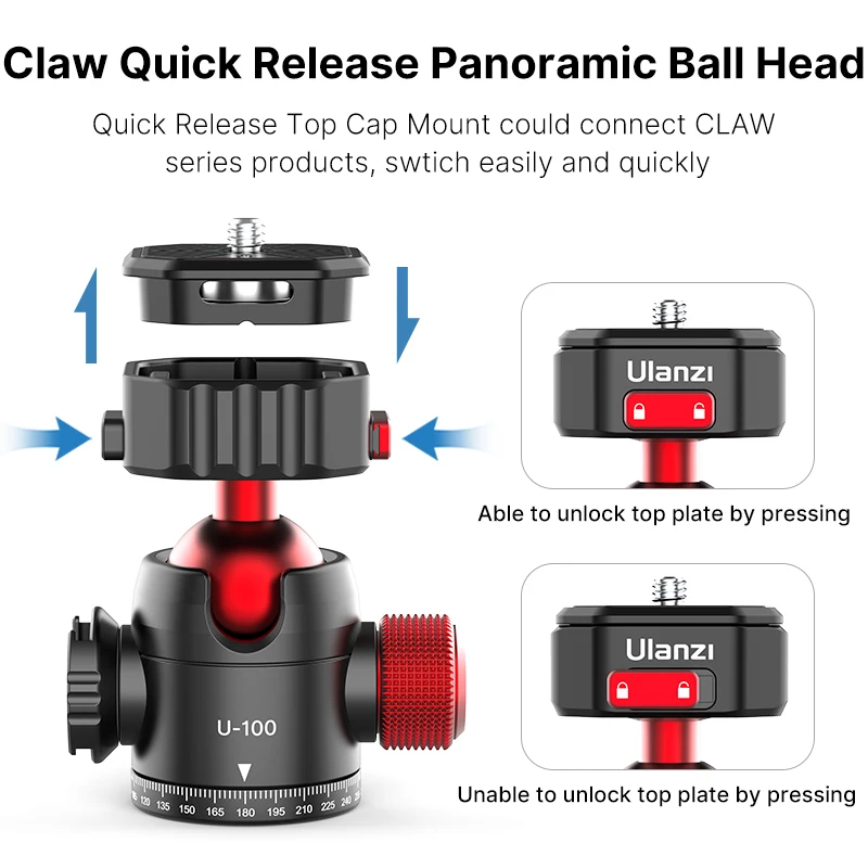 Ulanzi U100 Quick Release Ballhead Tripod Heads DSLR Gimbal Slider Tripod Quick Switch Ballhead Extend Cold Shoe for LED Light