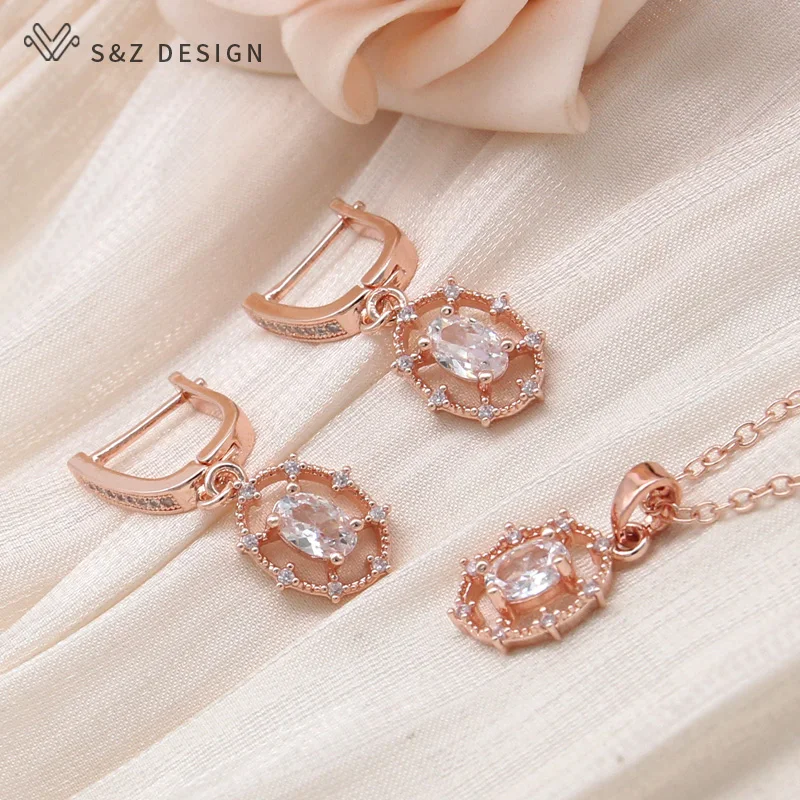 S&Z DESIGN New Fashion 585 Rose Gold Color Egg Shape Cubic Zirconia Dangle Earrings For Women Trendy Simple Jewelry Gift