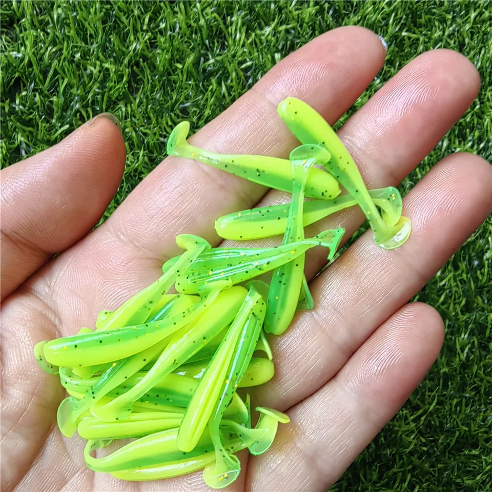 thumbnail image 1 of MUKUN 10 piezas de señuelos de pesca micro blandos de 3,5 cm, 4 cm y 5 cm, señuelo de gusano de cola en T, cebo artificial pequeño, señuelos de pesca de lubina y lubina, 1 of 5